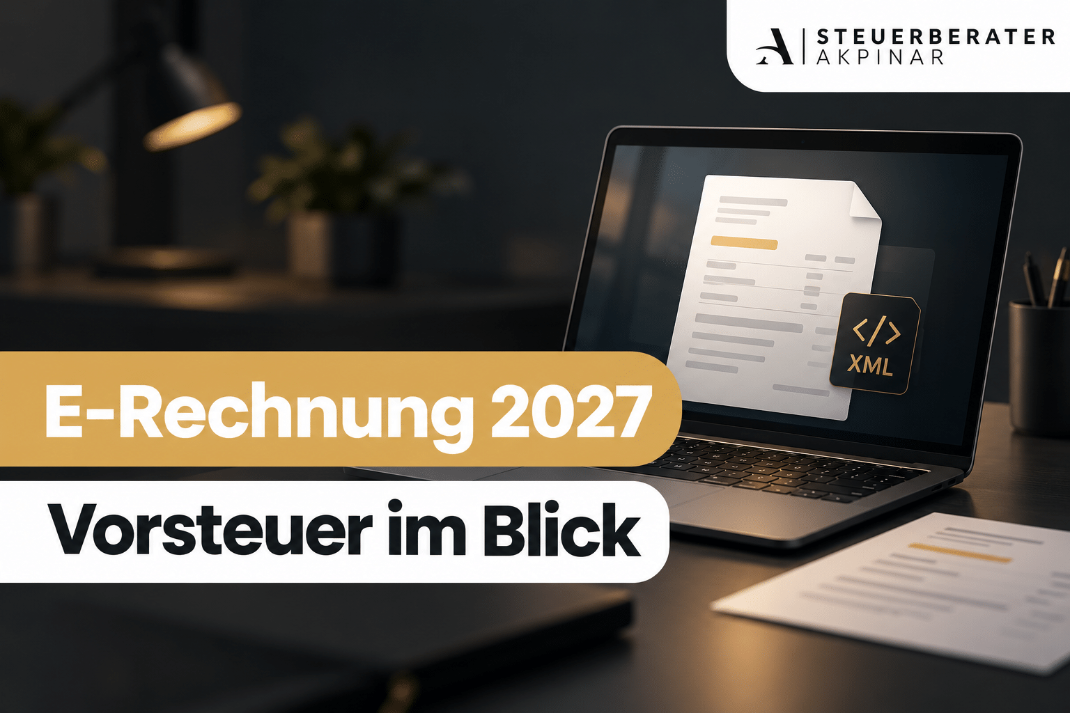 E-Rechnung 2027 – Vorsteuer im Blick: Laptop mit digitaler Rechnung und XML-Symbol.